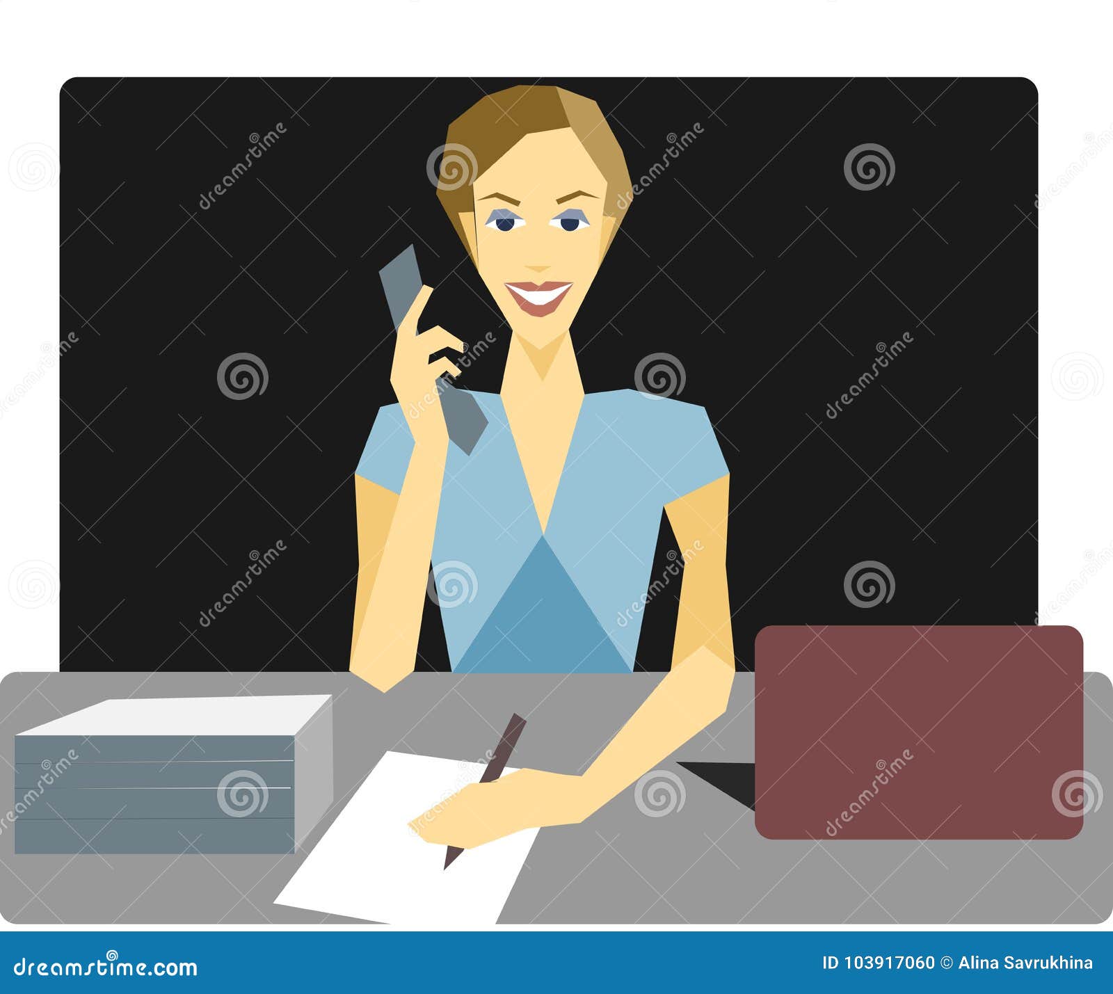 secretary-desk-speaks-phone-business-woman-writes-paper-conversation
